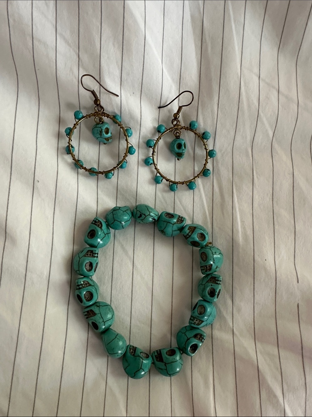 Turquoise Skull Bead Bracelet and Hoop Earrings Set